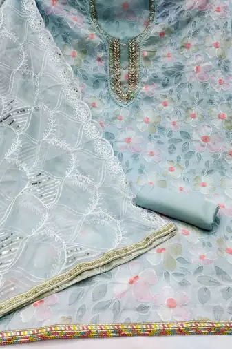 sea green organza embroidered dress material
