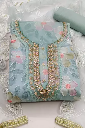 sea green organza embroidered dress material