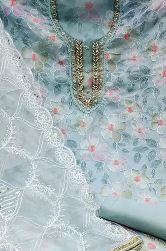sea green organza embroidered dress material