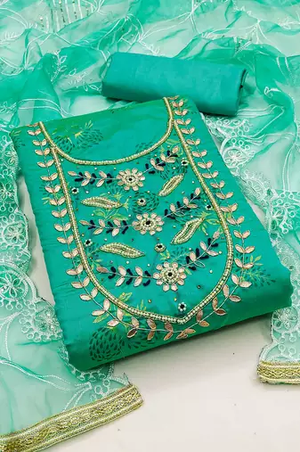 sea green cotton hand embroidery dress material