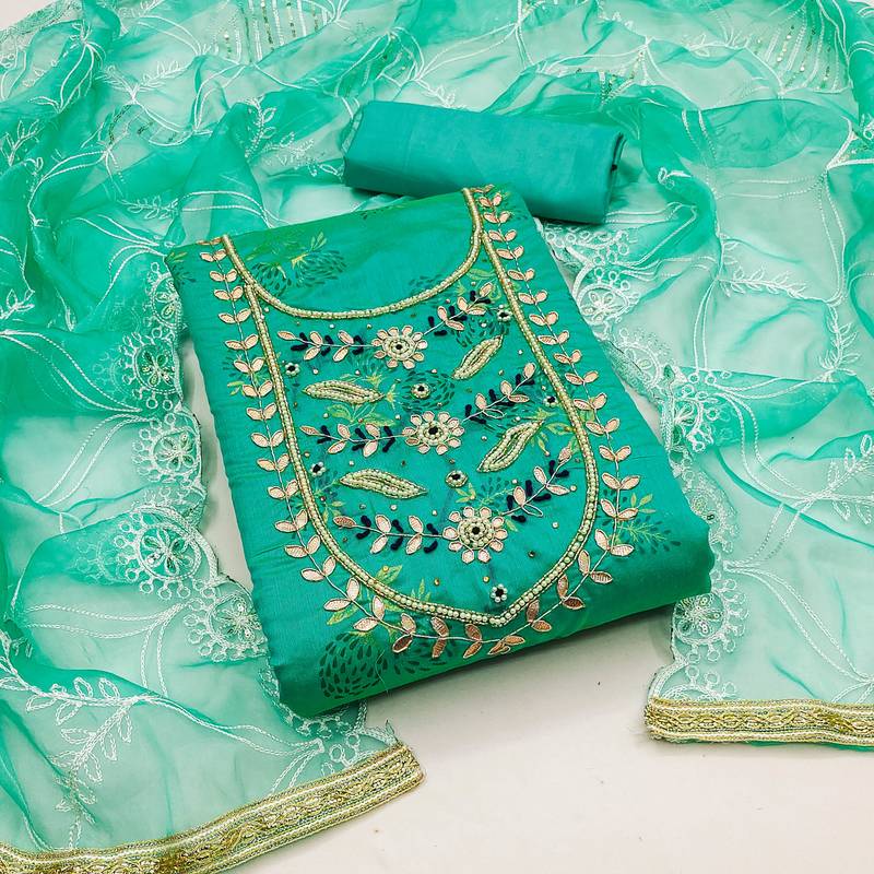 sea green cotton hand embroidery dress material