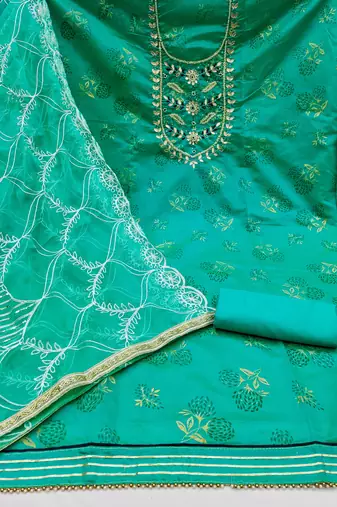 sea green cotton hand embroidery dress material
