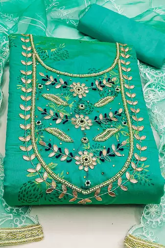 sea green cotton hand embroidery dress material