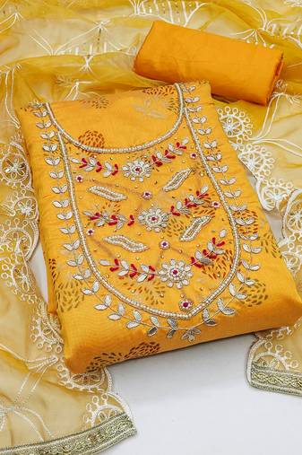 mustard cotton hand embroidery dress material
