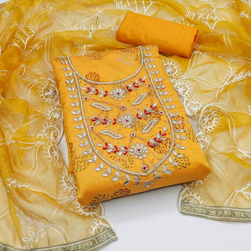 mustard cotton hand embroidery dress material