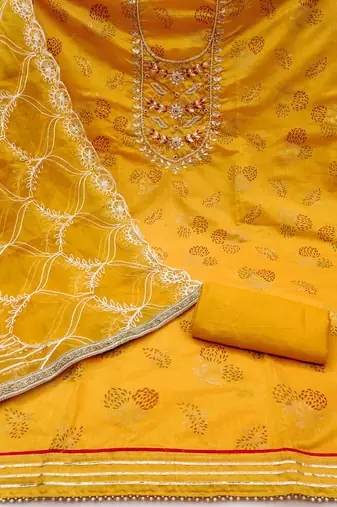 mustard cotton hand embroidery dress material