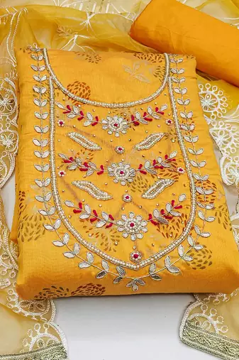 mustard cotton hand embroidery dress material