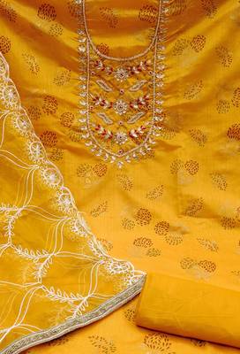 mustard cotton hand embroidery dress material 4