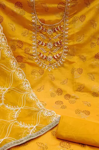 mustard cotton hand embroidery dress material