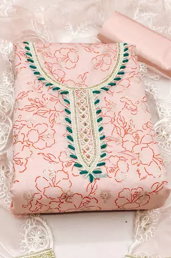 peach cotton hand embroidery dress material