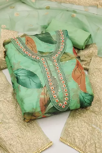 green organza sequins dress material