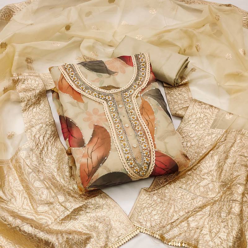 beige organza sequins dress material