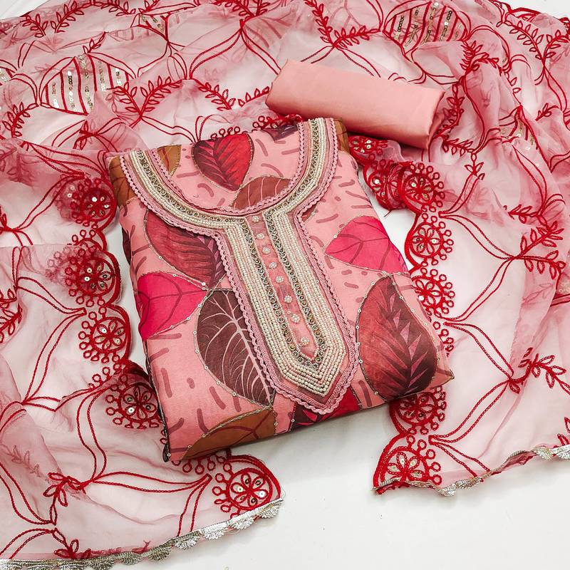 peach organza sequins dress material