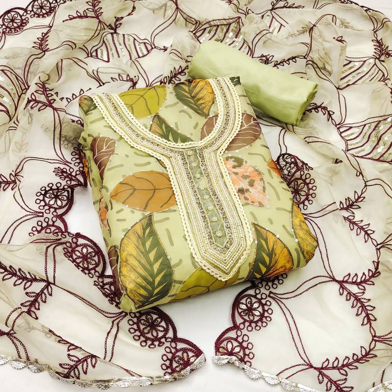 green organza sequins dress material