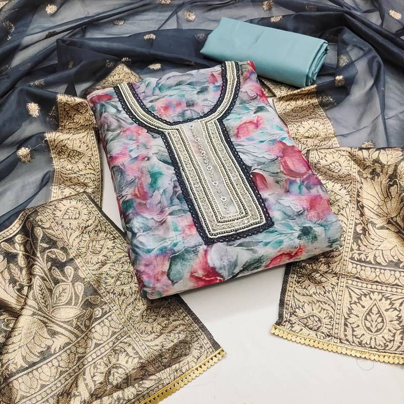 multicolor organza hand embroidery dress material