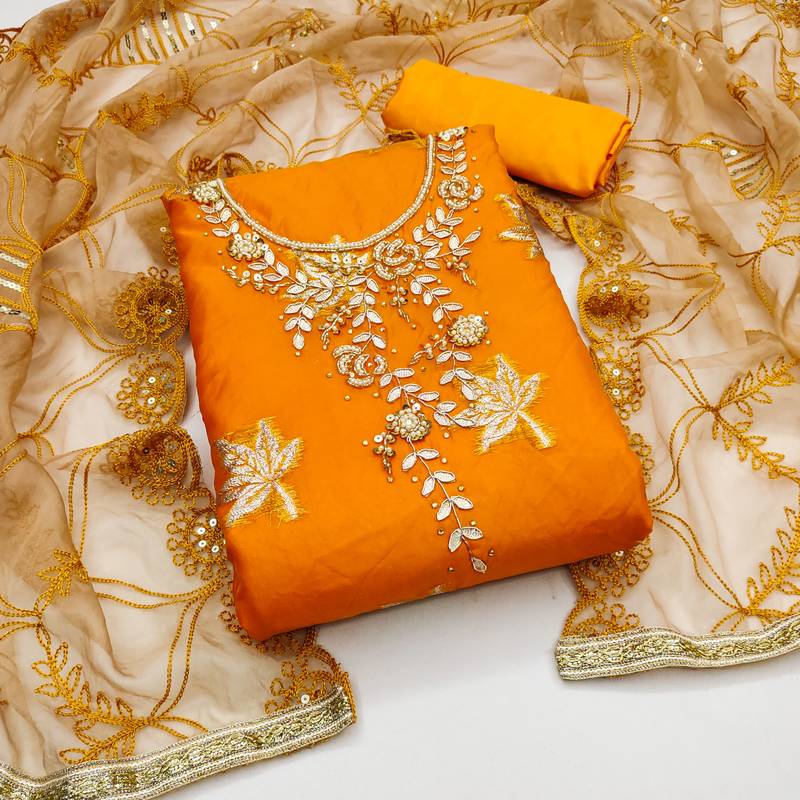 orange organza hand embroidery dress material