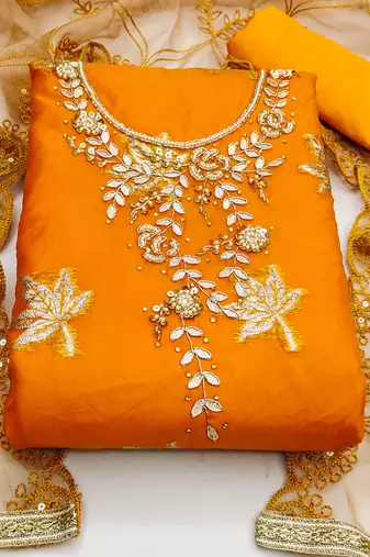 orange organza hand embroidery dress material