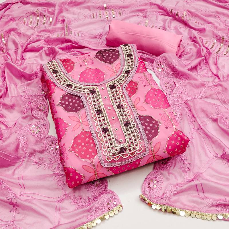 pink organza hand embroidery dress material