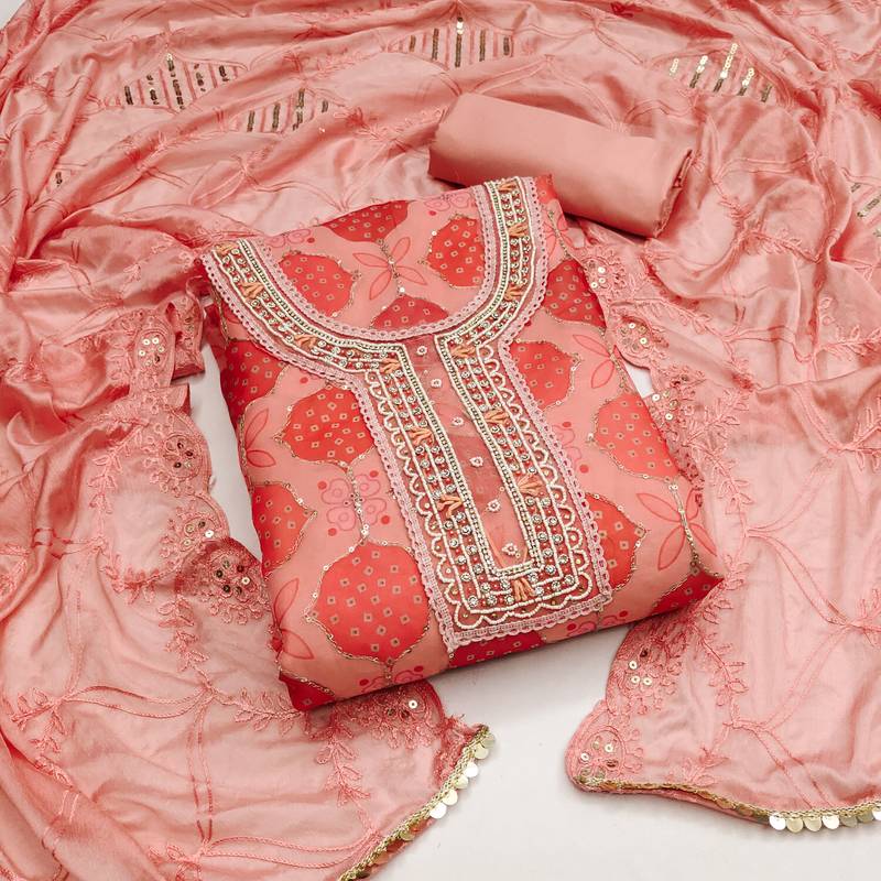 peach organza hand embroidery dress material