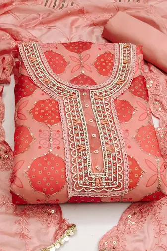 peach organza hand embroidery dress material