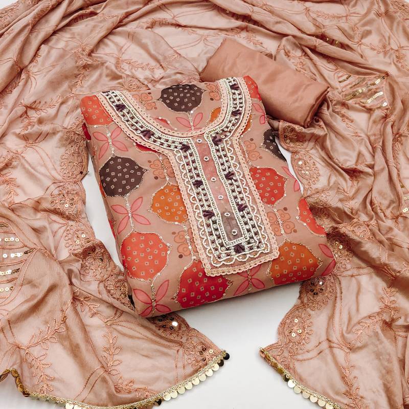 orange organza hand embroidery dress material