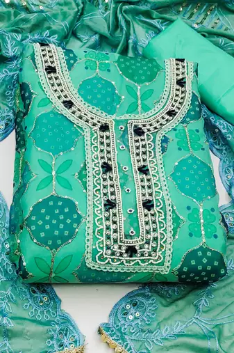 sea green organza hand embroidery dress material