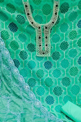 sea green organza hand embroidery dress material