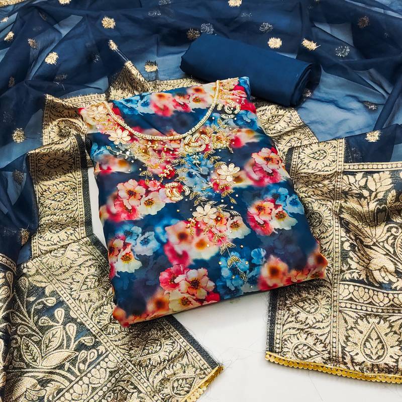 multicolor organza hand embroidery dress material