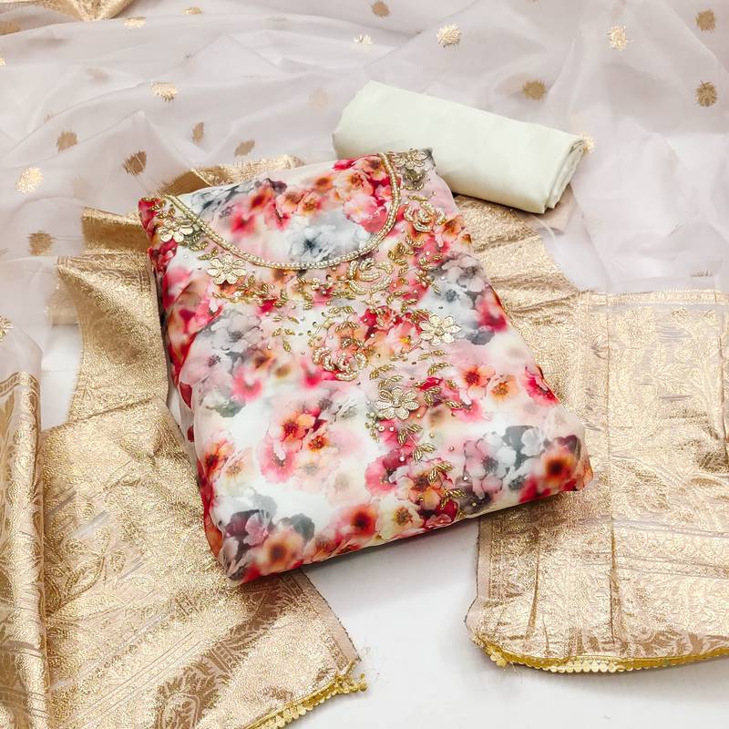 multicolor organza hand embroidery dress material