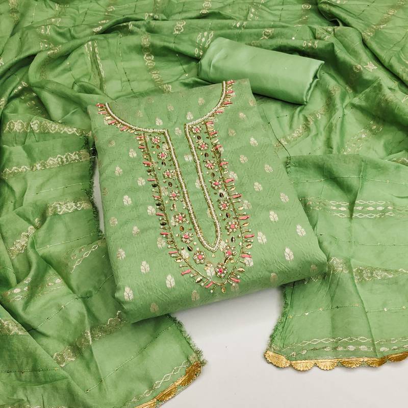 green silk blend woven dress material