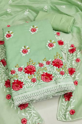 green cotton embroidered dress material