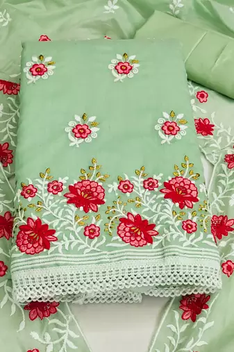 green cotton embroidered dress material