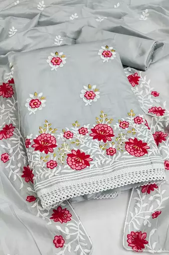 grey cotton embroidered dress material