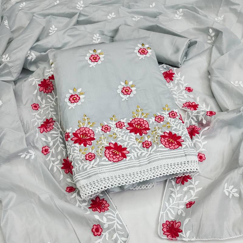grey cotton embroidered dress material