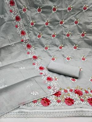 grey cotton embroidered dress material 2
