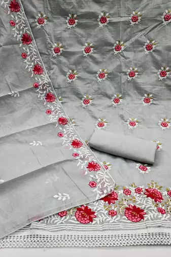 grey cotton embroidered dress material