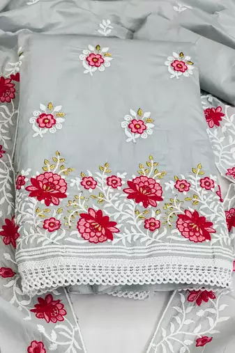 grey cotton embroidered dress material