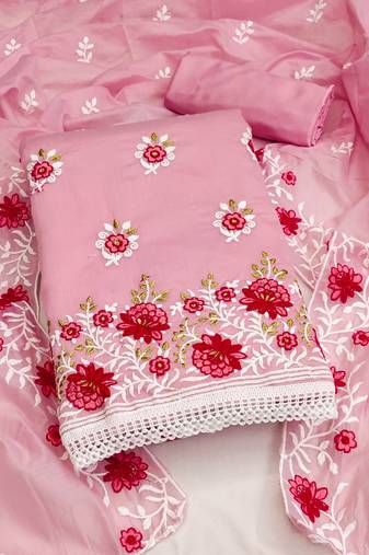 pink cotton embroidered dress material