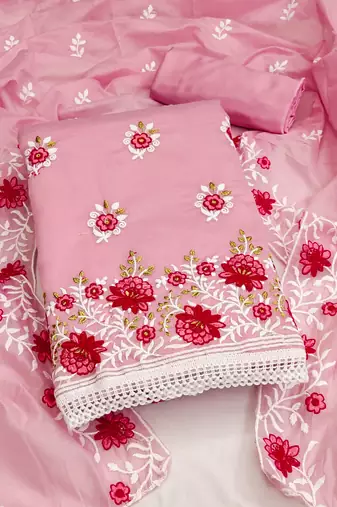 pink cotton embroidered dress material