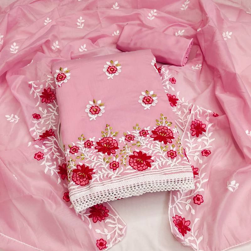 pink cotton embroidered dress material
