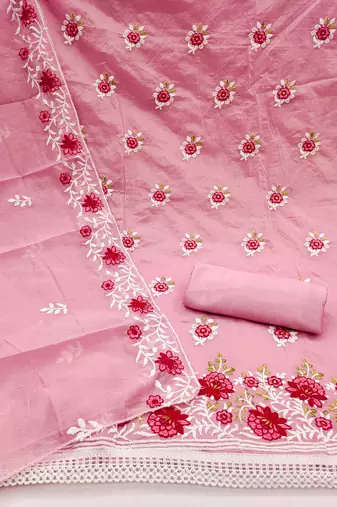 pink cotton embroidered dress material