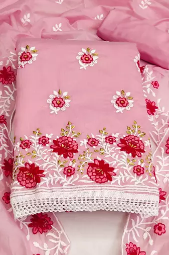 pink cotton embroidered dress material