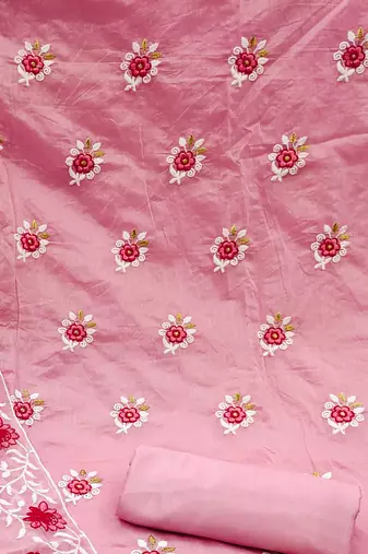 pink cotton embroidered dress material