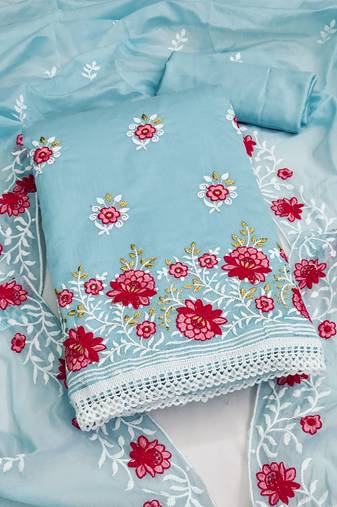 sky blue cotton embroidered dress material