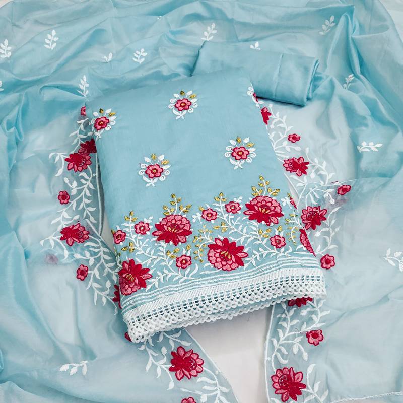 sky blue cotton embroidered dress material