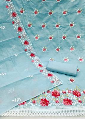 sky blue cotton embroidered dress material 2