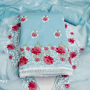 sky blue cotton embroidered dress material 3
