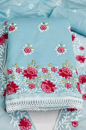 sky blue cotton embroidered dress material