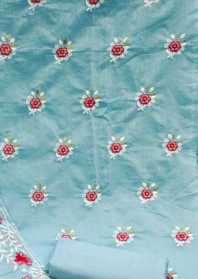 sky blue cotton embroidered dress material 4