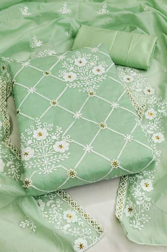 green cotton embroidered dress material